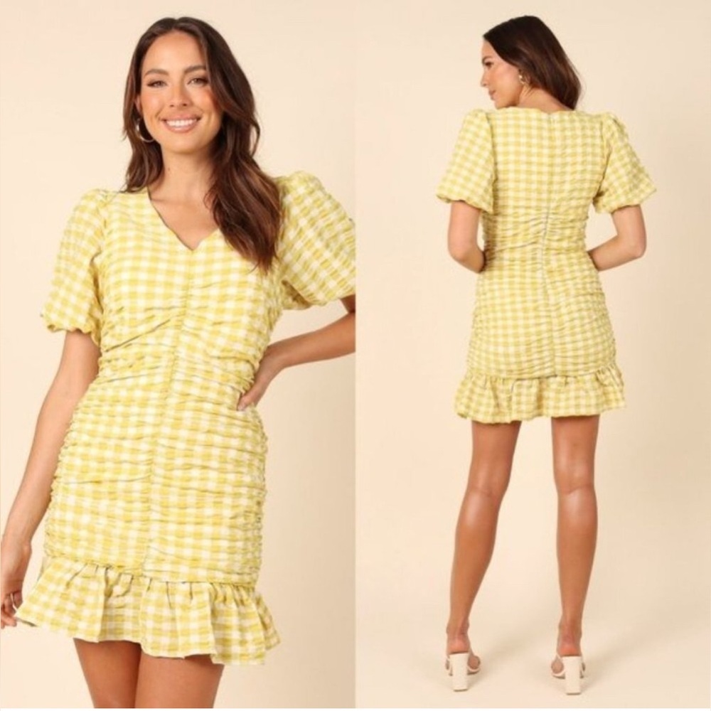 Petal & Pup Yellow Gingham Puff-Sleeve Ruffle Mini Dress